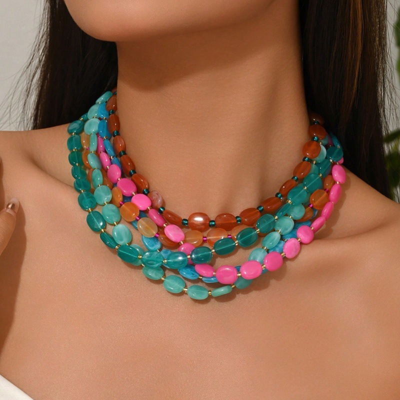 Resin Art Necklace - قلادات متعددة الطبقات بخرز بيضاوي ملون